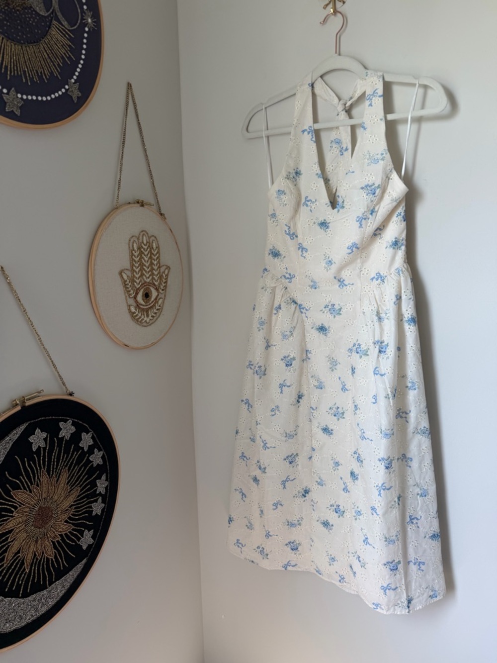 Cream Blue Floral bow eyelet Halter Midi Dress